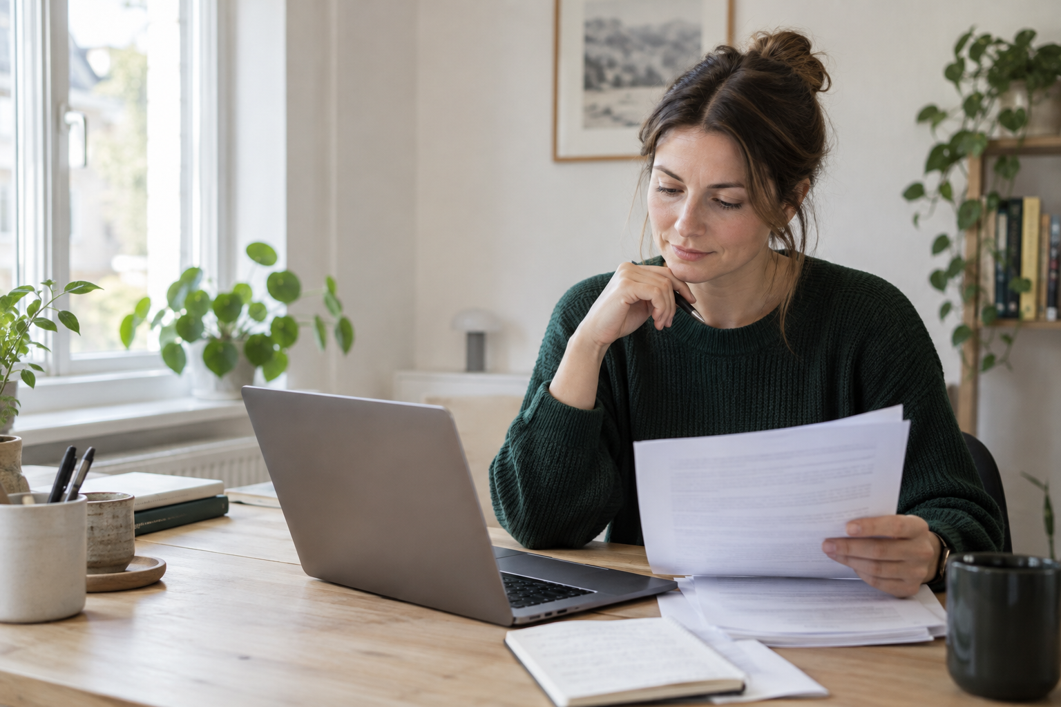 En person sammenligner sin ansættelseskontrakt med oplysninger på en computer